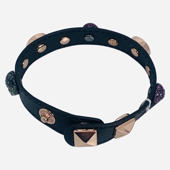 Betsey Johnson Crystal Black Leather Skull Pearl Bracelet DUCHESS OF BETSEYVILLE - Picture 12 of 13